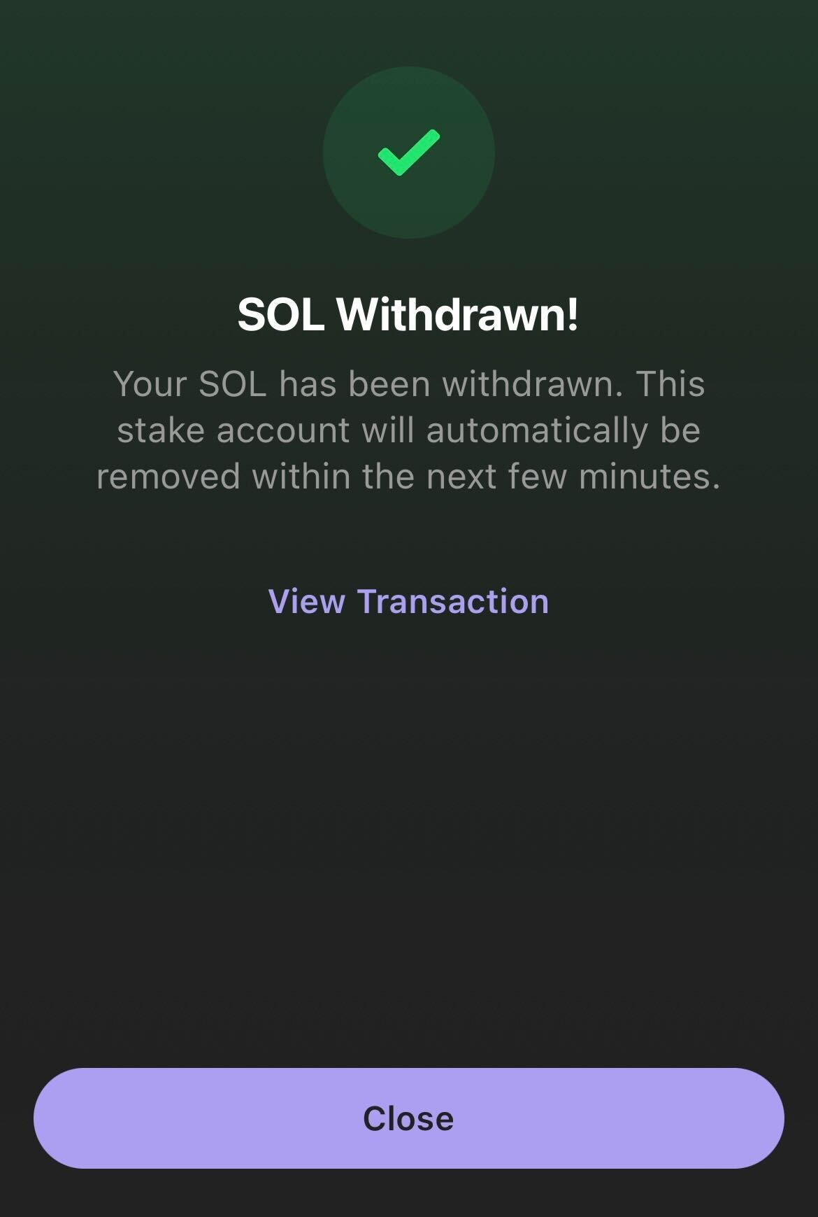 A screenshot in Phantom wallet showing SOL successfully withdrawn